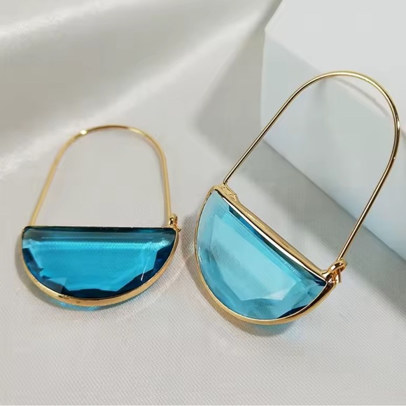 Blue Crescent Hoop Gold Earrings - Picture 2 of 6